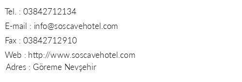Sos Cave Hotel telefon numaralar, faks, e-mail, posta adresi ve iletiim bilgileri
